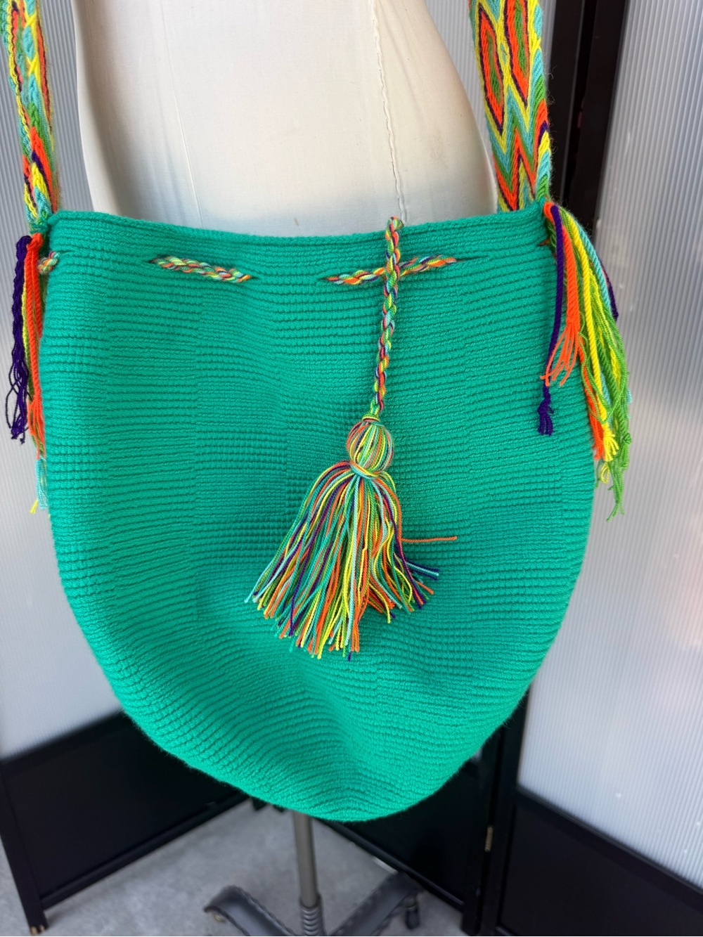 Handwoven Teal Bucket Bag with Multicolor Strap